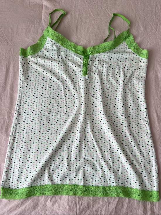 Tildon Tops - Tildon White Camisole with Lime Green Lace & Multicolor Dot Print